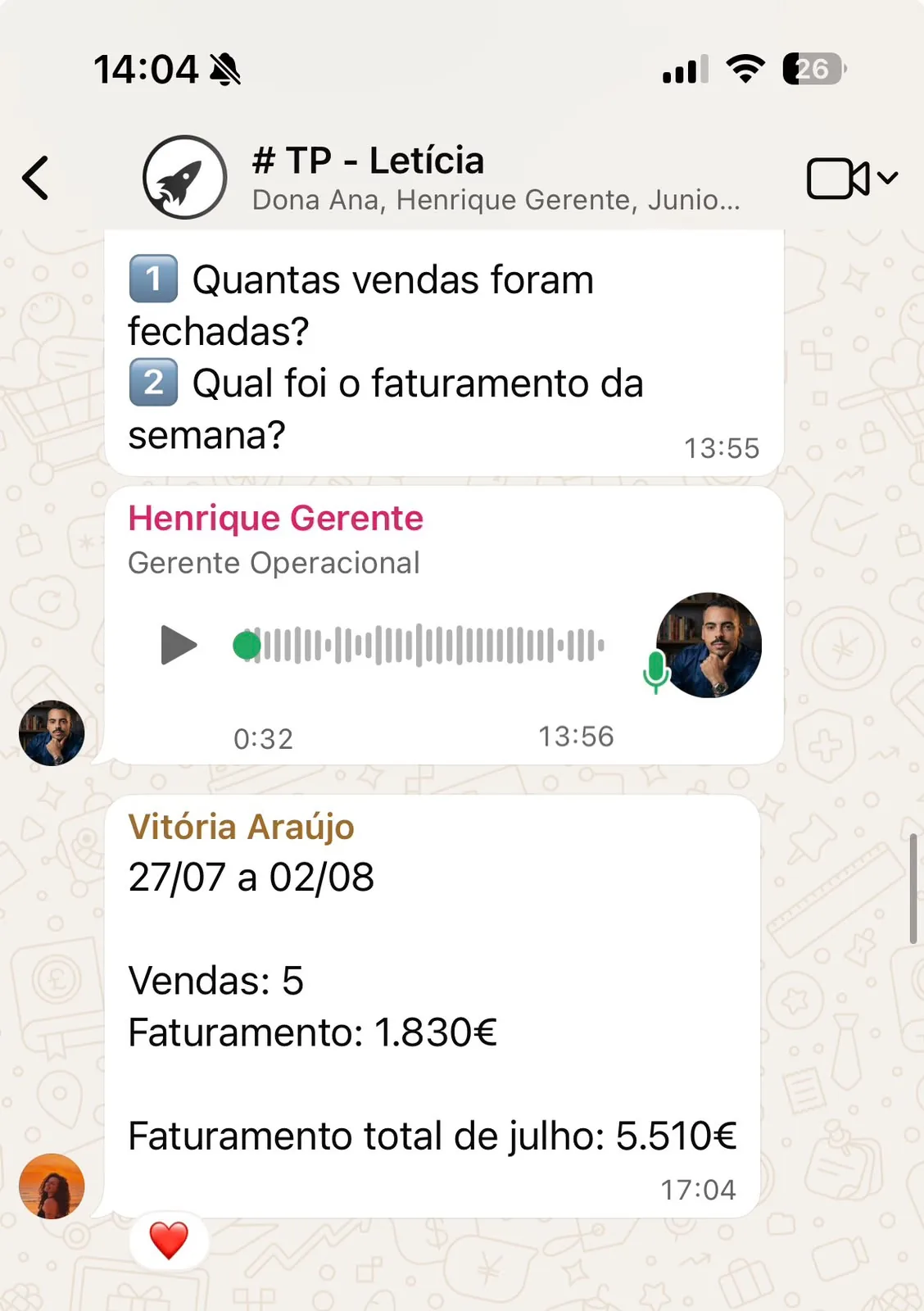 Print de WhatsApp com vendas da semana e faturamento total de julho — Letícia Tattoo (Portugal)