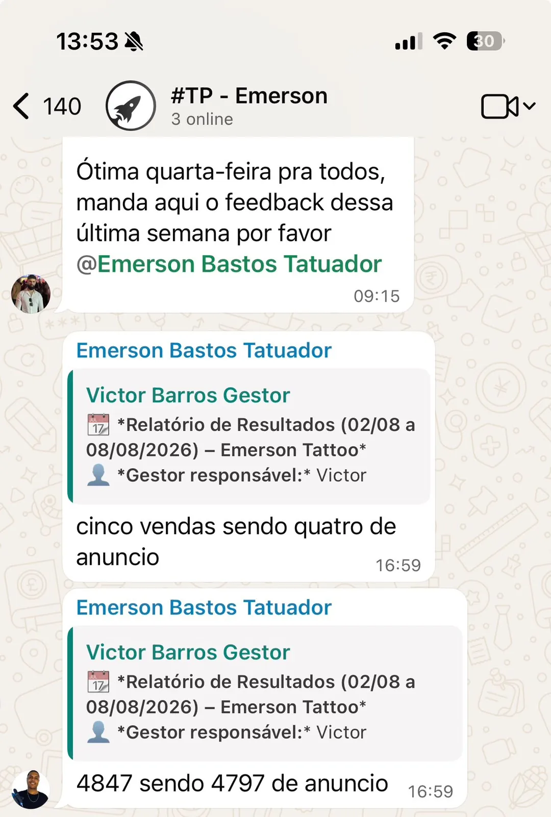 Print de WhatsApp com cinco vendas na semana — Emerson Bastos Tatuador