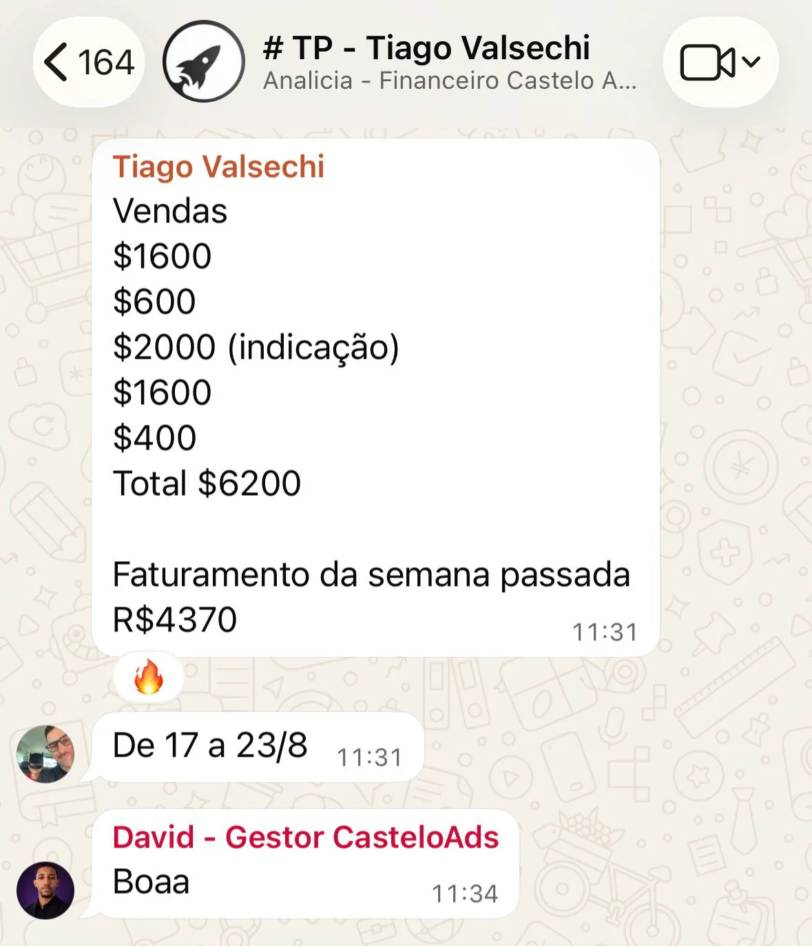 Print de WhatsApp com vendas da semana e faturamento — Thiago Valsechi