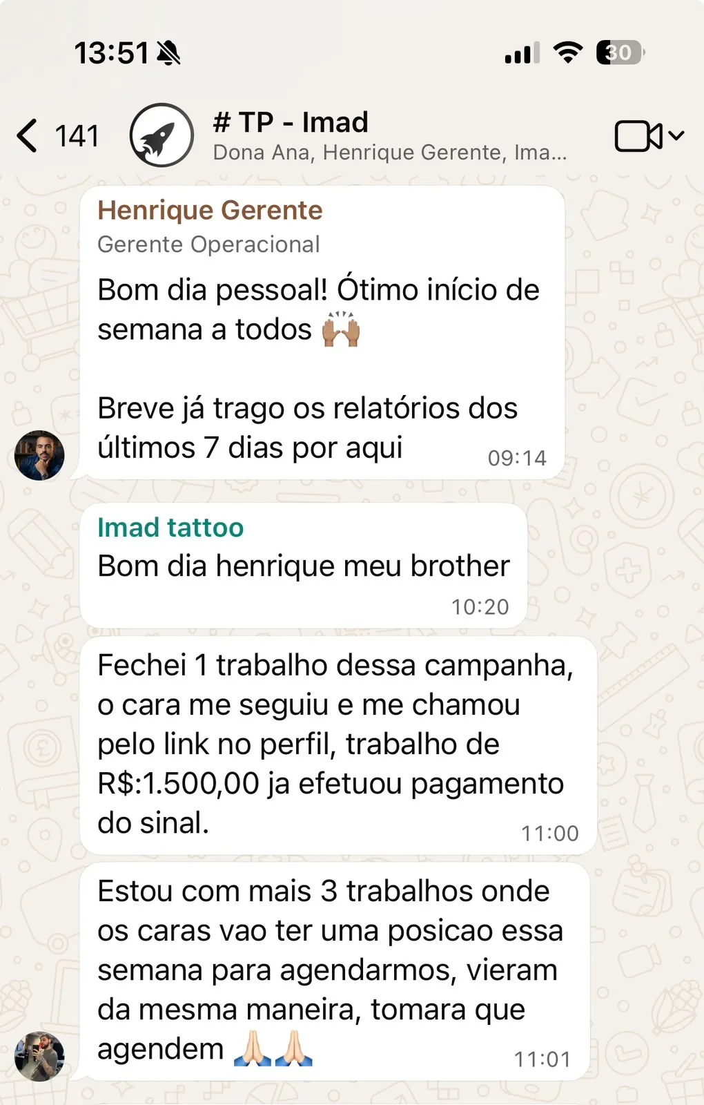 Print de WhatsApp com trabalho fechado e pagamento de sinal — Imaj Tatu
