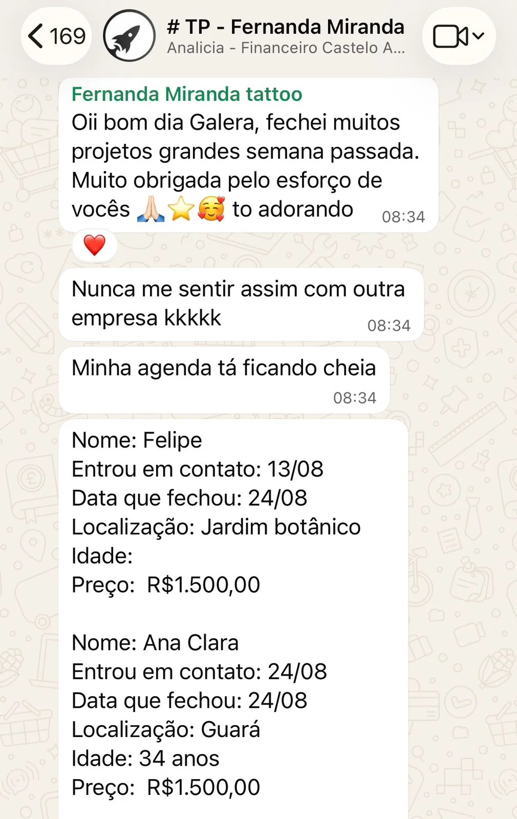 Print de WhatsApp com projetos grandes fechados e agenda cheia — Fernanda Miranda Tattoo